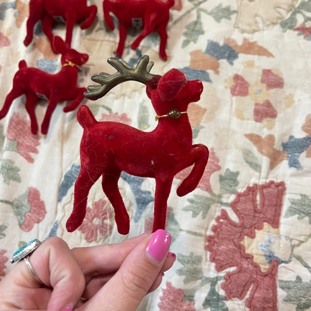 Vtg Christmas Ornament Felt reindeer red set MADE IN JAPAN 50s buck stag
